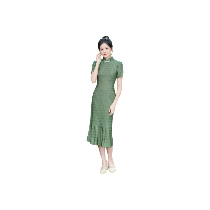 Red Colored Clothes Cheongsam Women's Green-0
