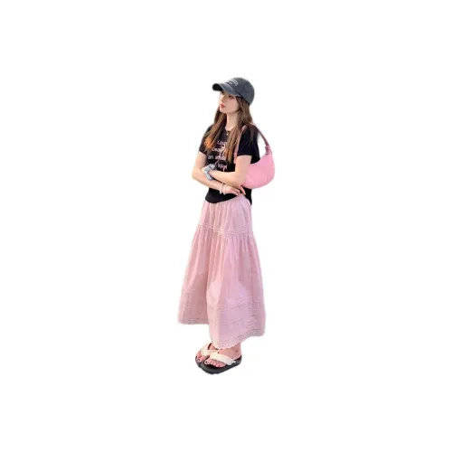 QIANGKOUPAOCAI SS24 Casual Long Skirts Women's Dusty Pink