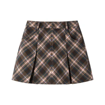 PEACEBIRD Casual Short Skirts Women's Brown Plaid