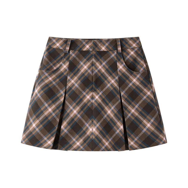 PEACEBIRD Casual Short Skirts Women's Brown Plaid-0