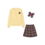 Light Yellow 100% cotton Sweater Cardigan+Festive Lanterns Checkered Skirt+Matching Checkered Bow Ties