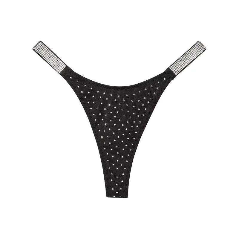 Victoria's Secret Shine Strap Thong Bikini Bottom / Black Swimming Shorts Women's Black-0