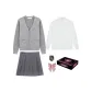 (Gift Box Set) Light Gray Sweater+Embroidery Badge+Long-Sleeved White Shirt+Gray Pleated Skirt+Pink Magic Cubes Checkered Bow Tie