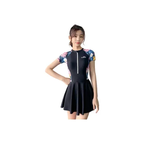 Youyou One Piece Swimsuits Women's Black With Floral Pattern