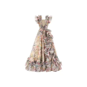Selkie Collection SS24 Evening Dress Women's Apricot With Floral And Butterfly Herbal Print