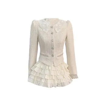 Manekniv Skirt Set Women's White Mini Perfume Jacket+White Cake Short Skirt Set Set Of X