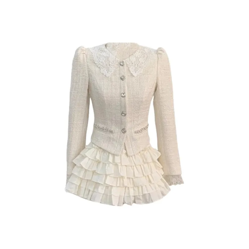 Manekniv Skirt Set Women's White Mini Perfume Jacket+White Cake Short Skirt Set Set Of X-0
