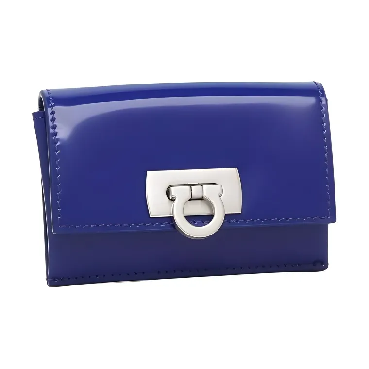 FERRAGAMO Smooth Calf Leather Card Holder Women's Blue-1