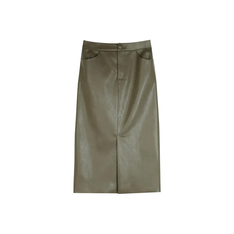 BLUEerror Casual Long Skirt Women's Olive Green-0
