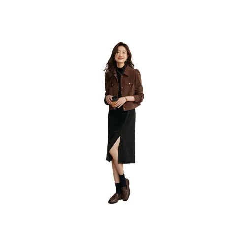 Mo Han Yi Mei Skirt Set Women's Coffee Outer Black Inner