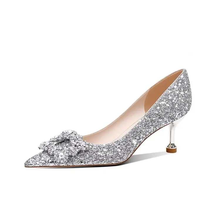 Crelinkxlat Pointed Toe Luxury Style Rhinestone Square Buckle Slim Heel High Heels Women's-0