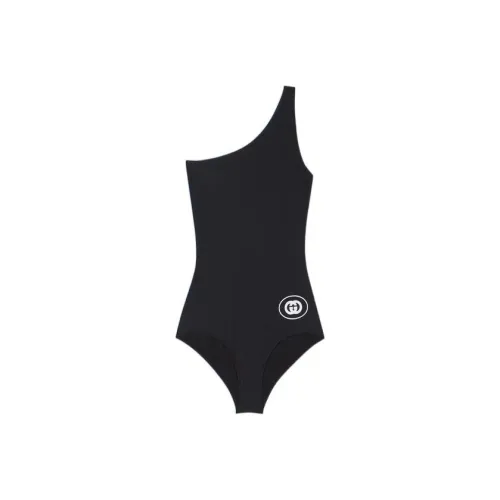 GUCCI Women
s Logo Printed One Shoulder One piece Swimsuit Black