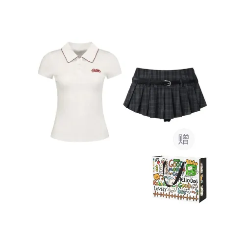 OURUOKE Two Piece Skirt Sets Women's Top+Plaid Short Skirt Shopping Bag