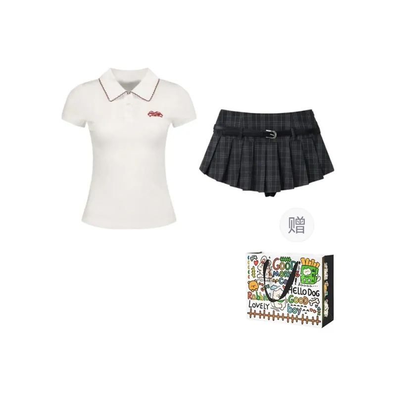 OURUOKE Two Piece Skirt Sets Women's Top+Plaid Short Skirt Shopping Bag-0