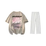 Clothing Set (Khaki T-Shirt+White Heather Gray Casual Pants)