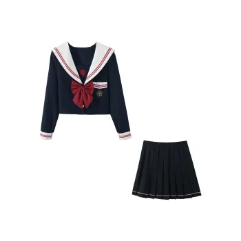 KAZAN Uniform Women's Long Sleeved White Collar Red Second Book Navy Blue Sailor Suit Set