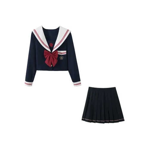 KAZAN Uniform Women's Long Sleeved White Collar Red Second Book Navy Blue Sailor Suit Set