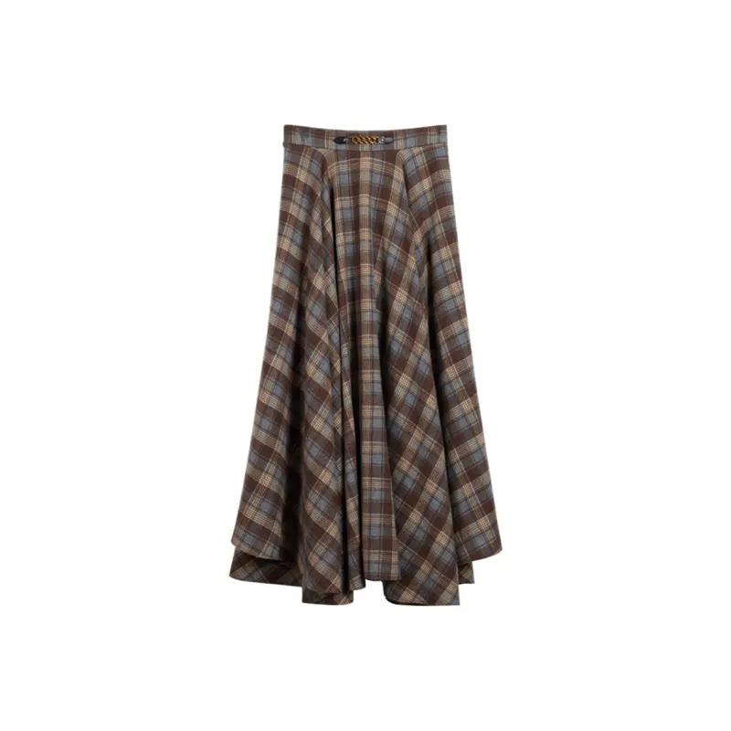 NancyCavally Casual Long Skirts Women's Blue Brown Plaid-0