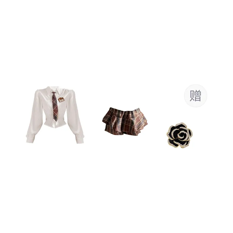 ONNFB Two Piece Skirt Sets Women's Shirt+Plaid Skirt-0