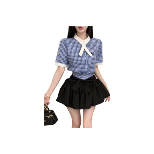 Garbege Uniform Women's Blue Shirt Bow Tie Black Skirt Set