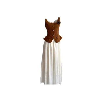 YGPRW Skirt Set Women's Brown Top/White Skirt