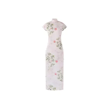 YICHENGFENGXU Cheongsam Women's Pink Beige Rose Small Cap Sleeve
