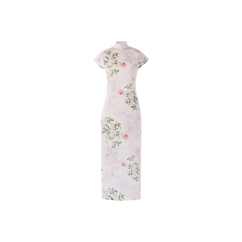 YICHENGFENGXU Cheongsam Women's Pink Beige Rose Small Cap Sleeve-0