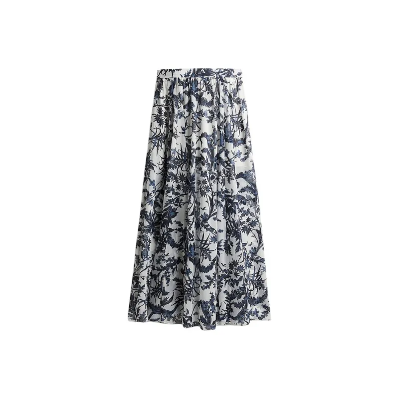 H&M Casual Long Skirts Women's White/Marine Blue Pattern-0