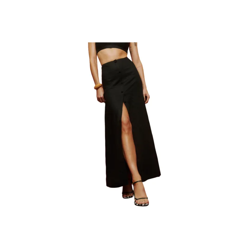 REFORMATION Andi Linen Maxi Skirt Casual Long Skirt Women's Black-0