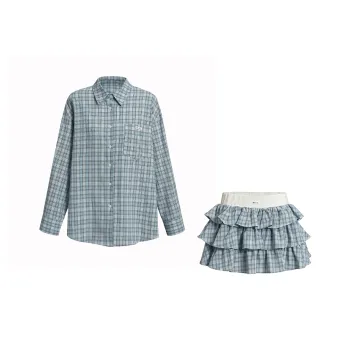 MTHE Two Piece Skirt Sets Women's Blue Plaid