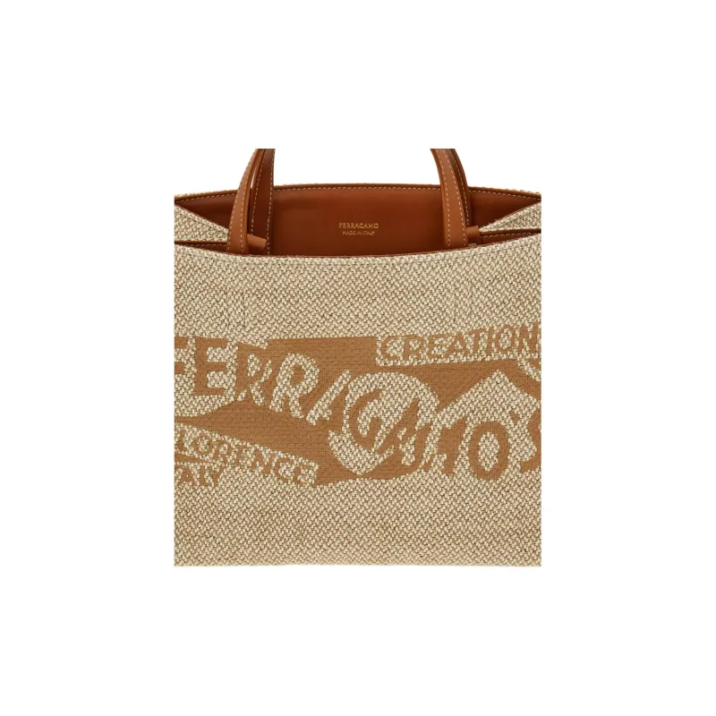 FERRAGAMO Fabric With Calfskin Tote Bag, Shopping Bag, Shoulder Bag, Handbag Medium Size Women's Camel & White-5