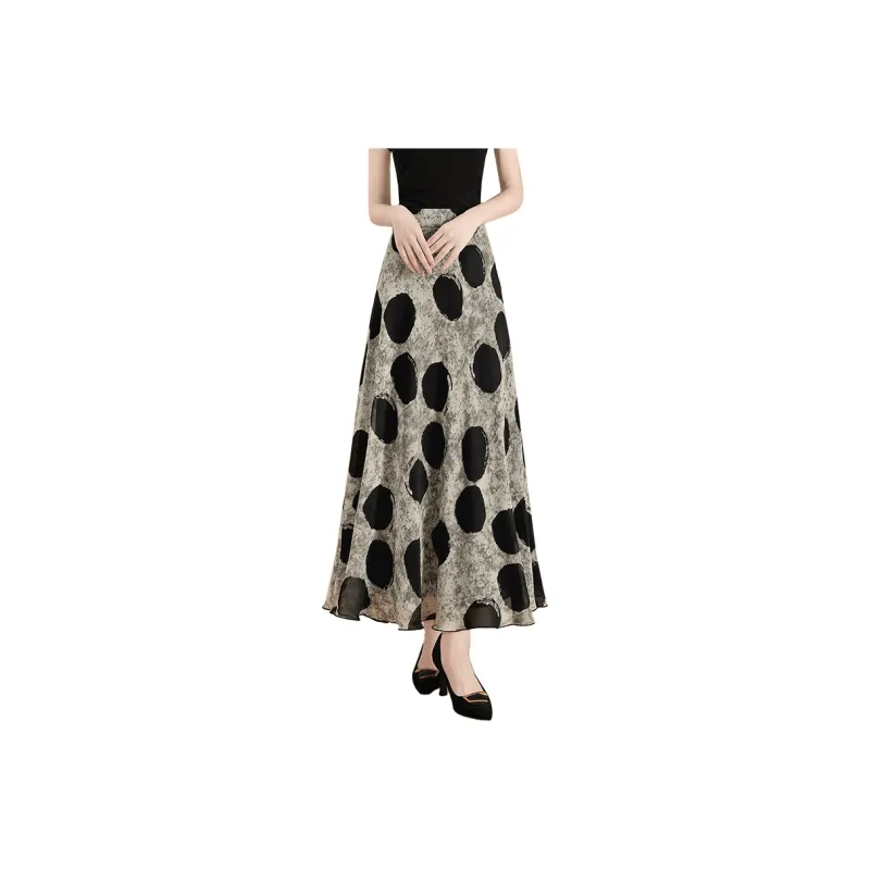 TOUCH Casual Long Skirt Women's Gray Green Black Polka Dot-0