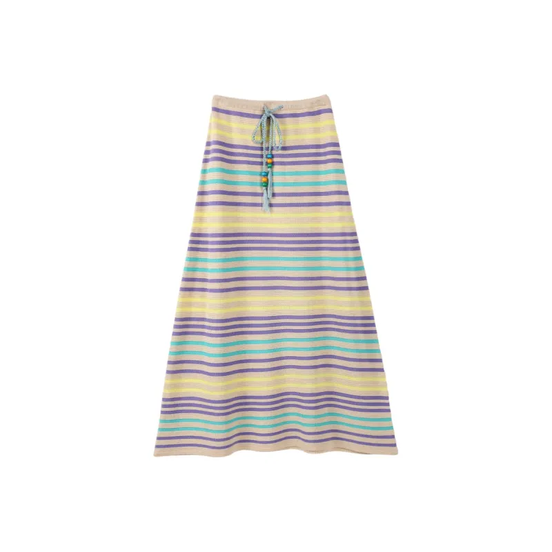 TOUCH Casual Long Skirt Women's Green Purple Stripes-0