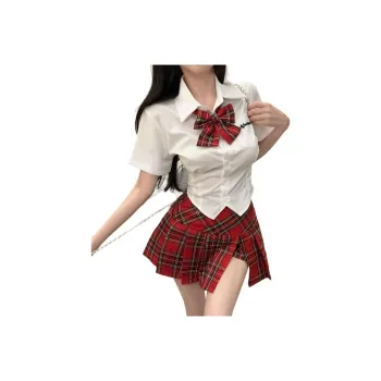 Garbege Uniform Women's White Shirt Bow Checkered Skirt Set