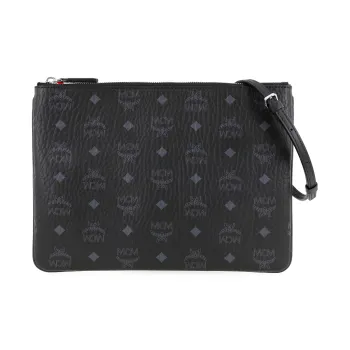 MCM Visetos Leather One Shoulder Crossbody Clutches Unisex Black