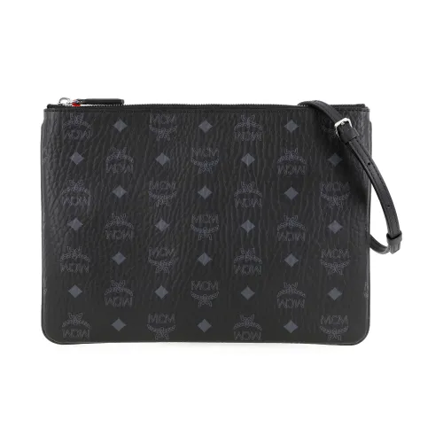 MCM Visetos Leather One Shoulder Crossbody Clutches Unisex Black