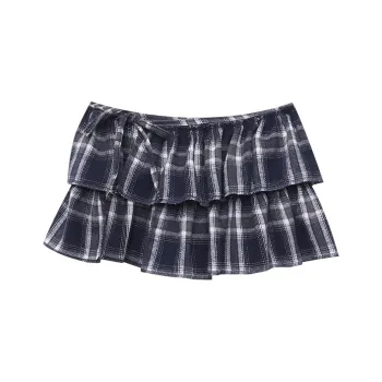 CHARM PICK Casual Short Skirts Women's Navy Blue Plaid
