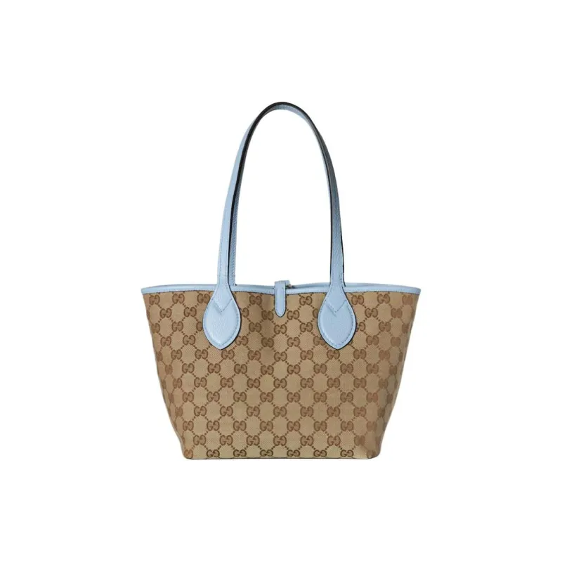 GUCCI Grain Leather With GG Canvas Tote Bag, Shopping Bag, Shoulder Bag, Handbag Small Size Women's Sky Blue-5