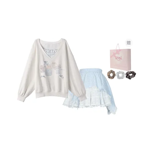 SNBL Two Piece Skirt Sets Women's White Sweatshirt+Blue Skirt