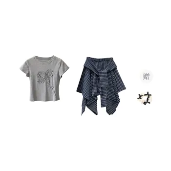 CPAURA Skirt Set Women's Gray Top/Plaid Skirt
