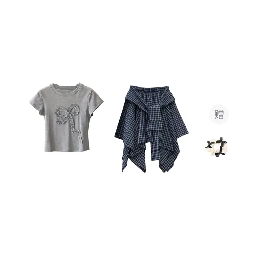 CPAURA Skirt Set Women's Gray Top/Plaid Skirt