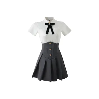 KAZAN Uniforms Women's White Shirt+Black Checkered Skirt+Bow Tie