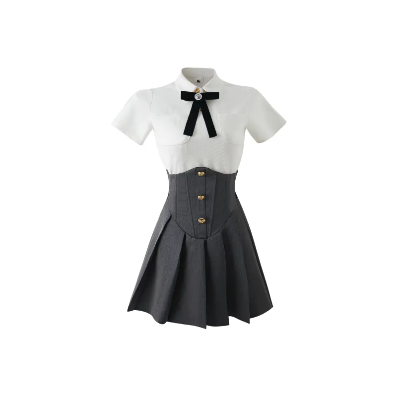 KAZAN Uniforms Women's White Shirt+Black Fishbone Skirt+Bow Tie-0