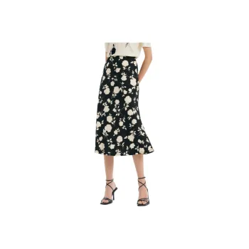 GOELIA Casual Long Skirt Women's Black With Ecru Rose Silhouette Print