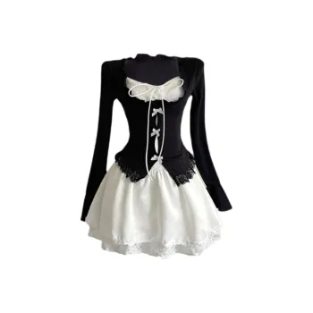 Udon House Skirt Set Women's Black Coat, White Dress