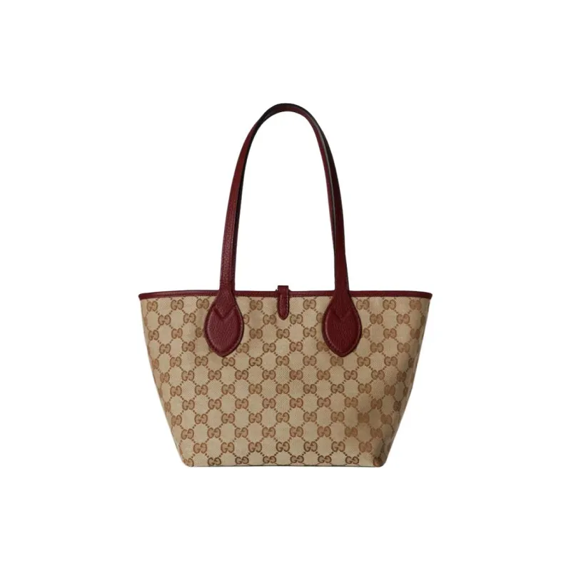 GUCCI Grain Leather With GG Canvas Tote Bag, Shopping Bag, One Shoulder Bag, Shoulder Bag Small Size Women's Umber Red-5