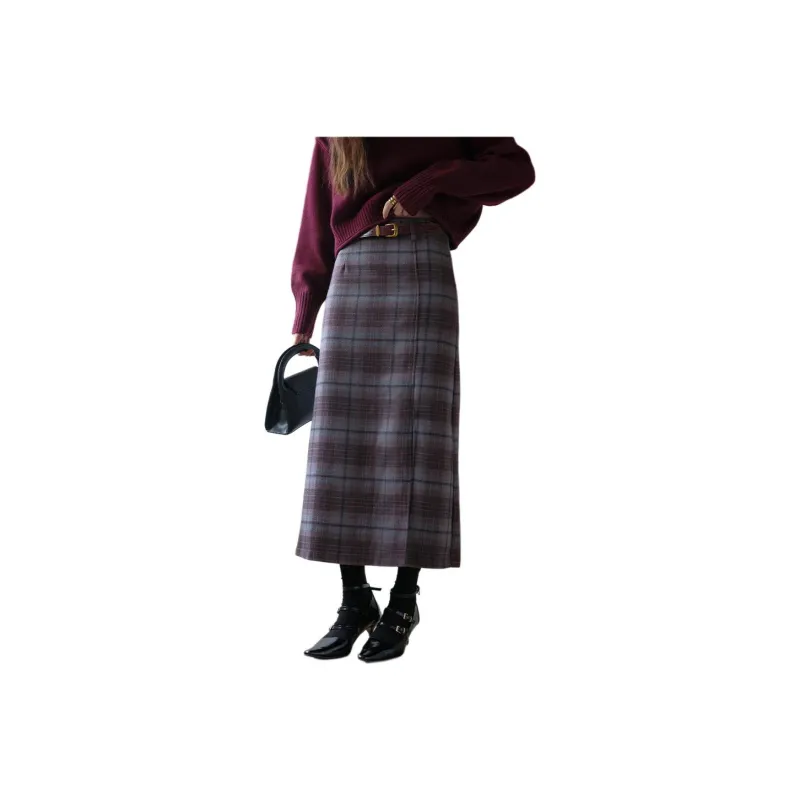 Juden Choi Casual Long Skirts Women's Gray Plaid-0