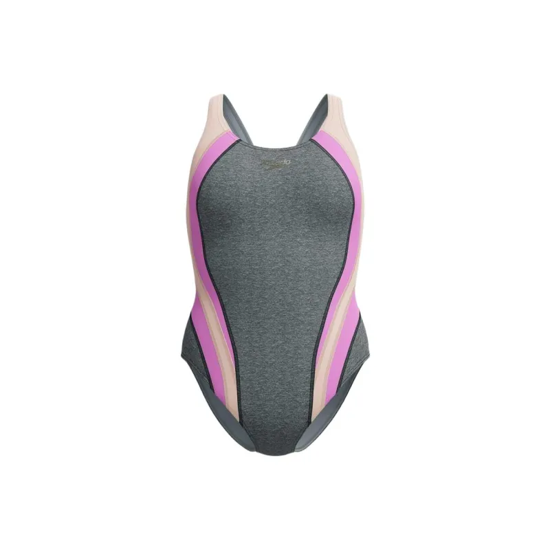 Speedo Heather Quantum Fusion Splice One piece Swimsuit Women's Gray/Pink-0
