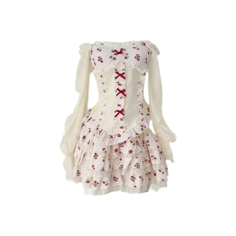 Udon House Skirt Set Women's Apricot+Red-0