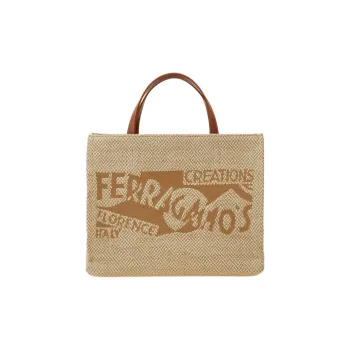 FERRAGAMO Fabric With Calfskin Tote Bag, Shopping Bag, Shoulder Bag, Handbag Medium Size Women's Camel & White